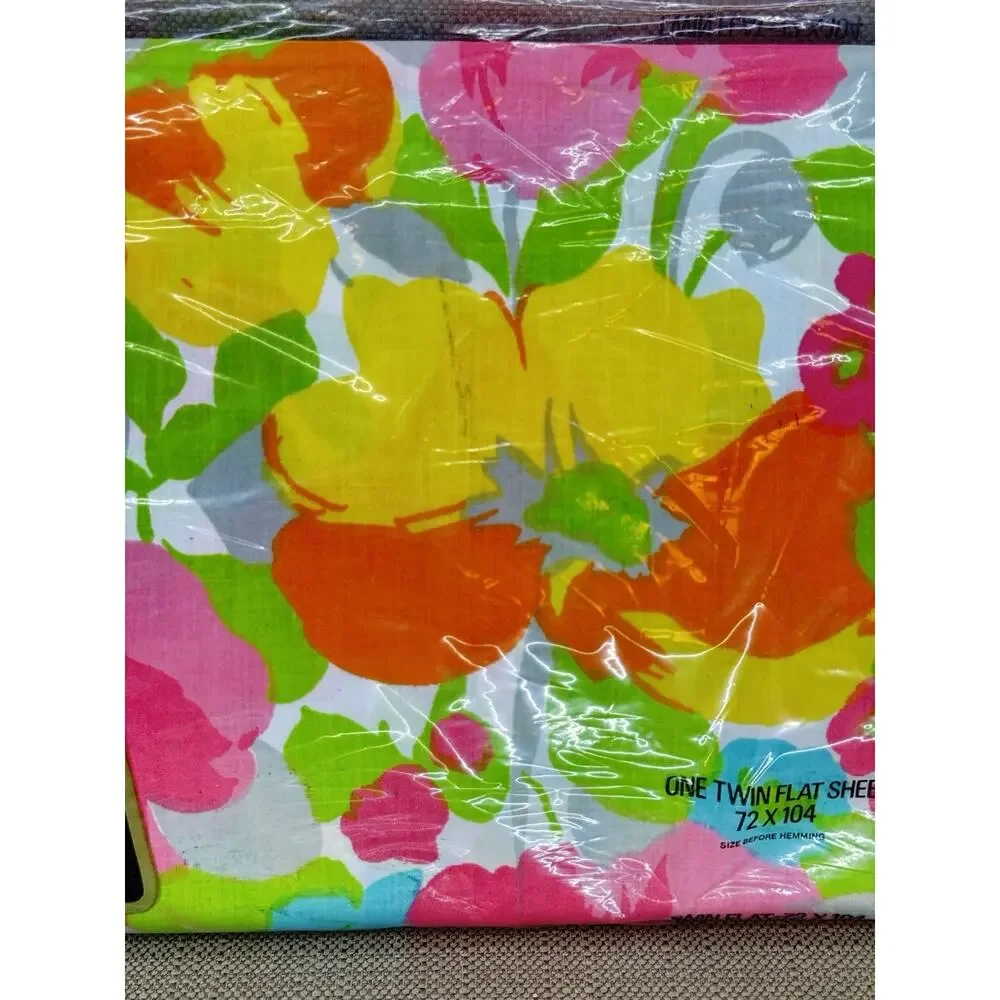 VTG Burlington House Never Iron Twin Fitted Sheet NOS Mod Floral Flowers 1960s